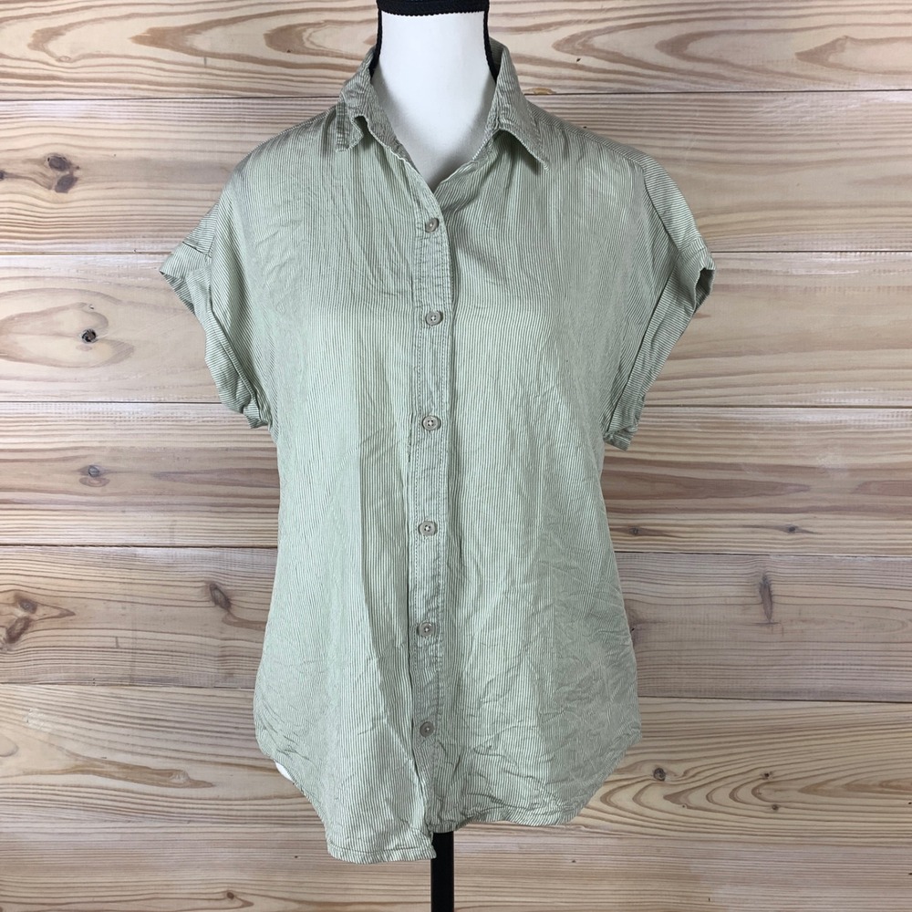Tilley Endurables Button Down Women‎ M Green Pinstripe Tencel Top Safari